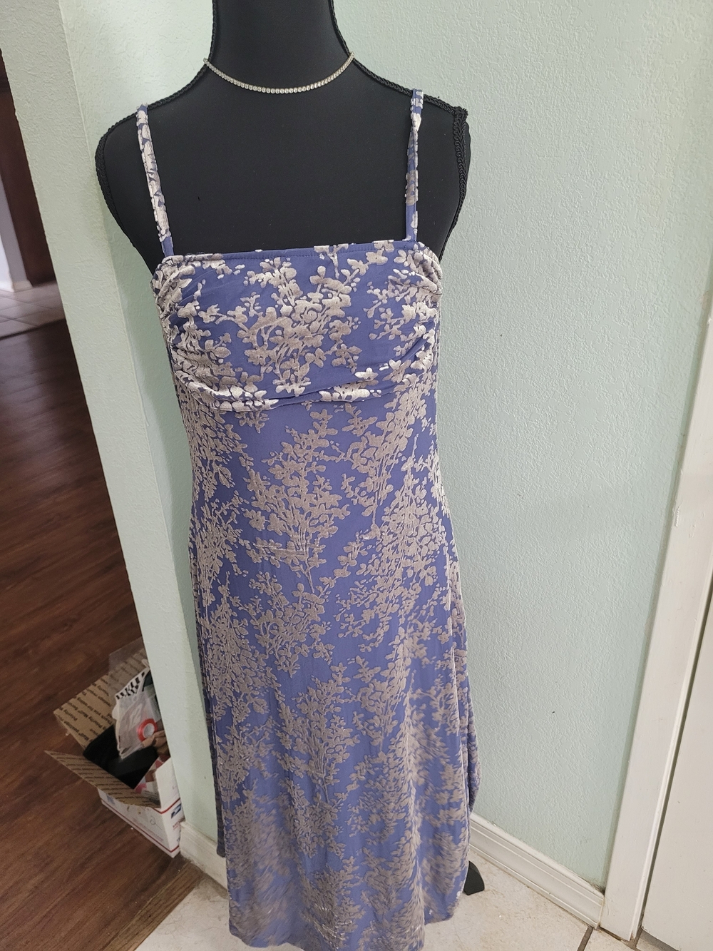 BTFBM Blue Silver Floral Burnout Velvet Maxi Dress Square Neck Spaghetti Strap S